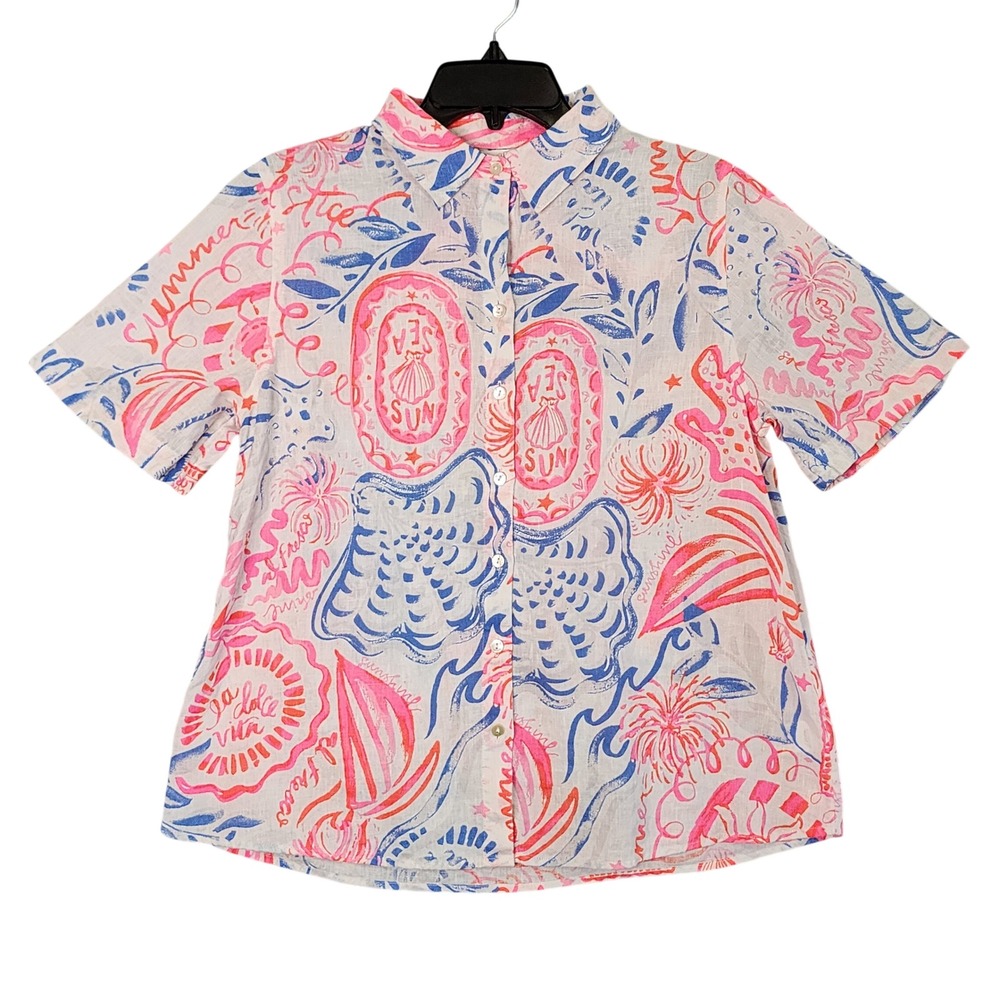 Lilly Pulitzer Linen Button Down Shirt Pink Blue Seashell Print Small Summer Top
